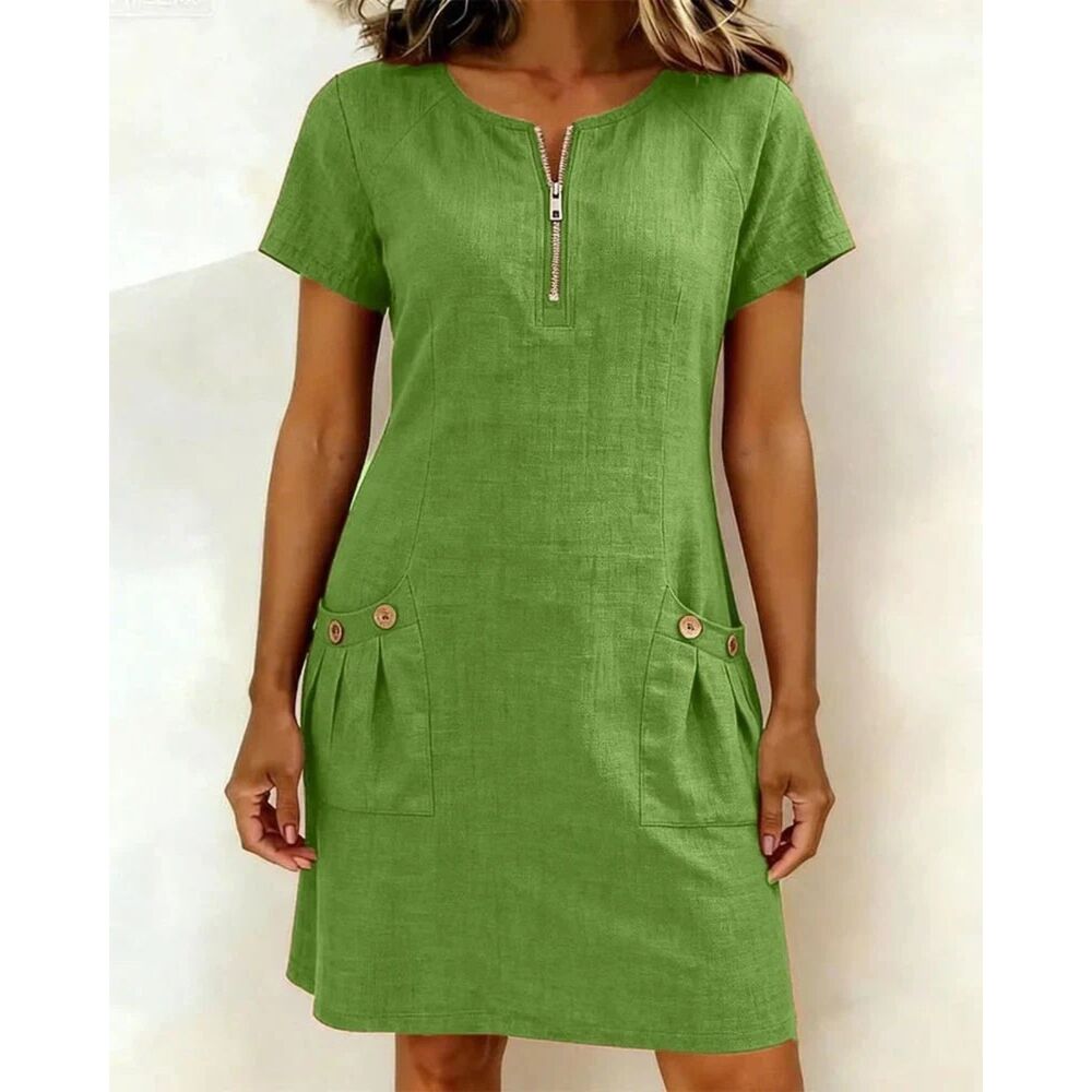 New Aumora Green Linen Cotton A-line Short Sleeves Pocket Zipper Dress L